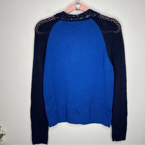 LOVE MOSCHINO Colorblock Sequin Collar Cardigan Sweater Wool Blue Sz 6 {3D35} - Picture 3 of 5